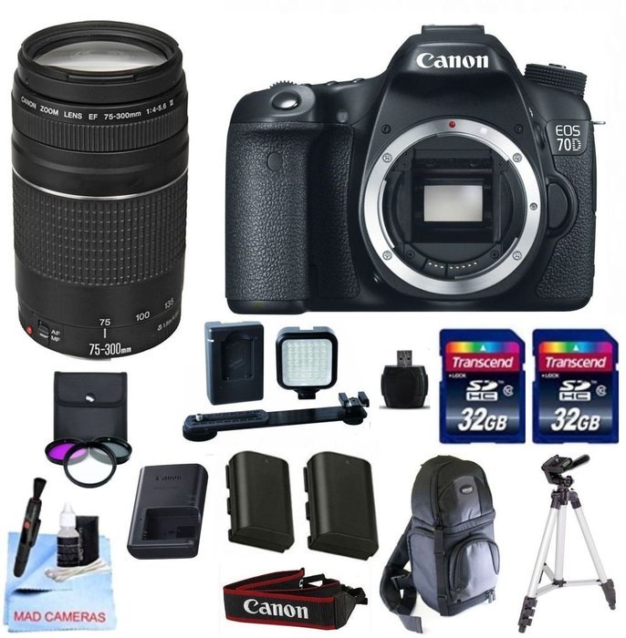 Canon 70D + Canon 75-300mm III Telephoto Zoom Lens + 2 32GB Transcend SD Memory Cards + LED Video Light + Spare...