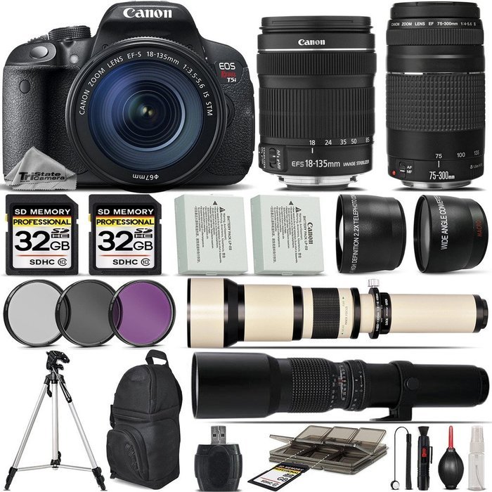 Canon EOS Rebel T5i DSLR Camera + Canon 18-135mm STM Lens + Canon 75-300mm + 0.43X Wide Angle Lens + 2.2x Telephoto...