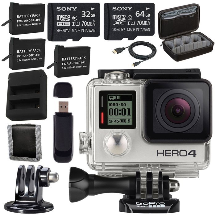 GoPro HERO4 Silver + Rechargeable Battery + Dual Battery Charger + Sony 32GB microSDHC Card + Sony 64GB microSDXC... N2