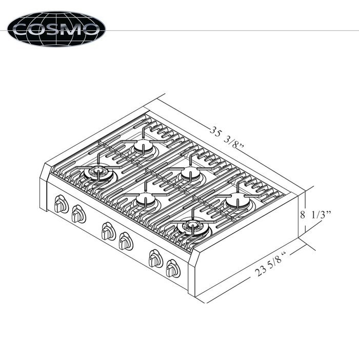 Cosmo (S9-6) 36 in. Pro-Style Gas Rangetop with 6 Burners, with Removable Griddle and Wok Accessories in Stainless... N5