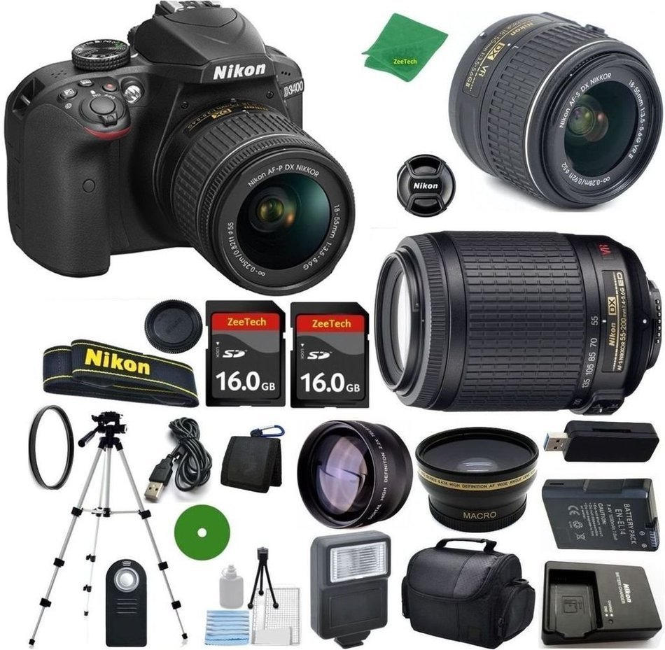 Nikon D3400 International Version - No Warranty, 18-55mm f/3.5-5.6 DX VR, Nikon 55-200mm f4-5.6G ED VR Nikkor,... N2