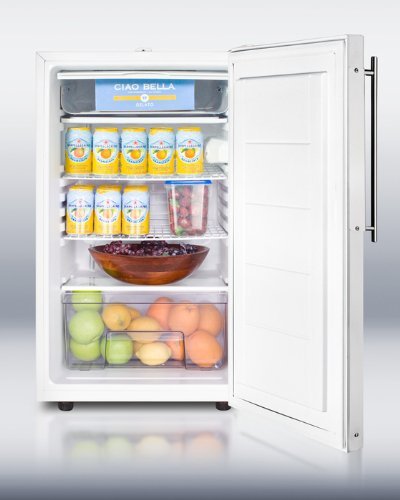 Summit CM411LFRADA: ADA compliant 20" wide freestanding refrigerator-freezer with a lock, custom door for slide-in...