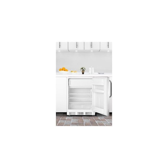 Summit CT66JBISSTB: Built-in undercounter refrigerator-freezer with white cabinet, stainless steel door, and towel...