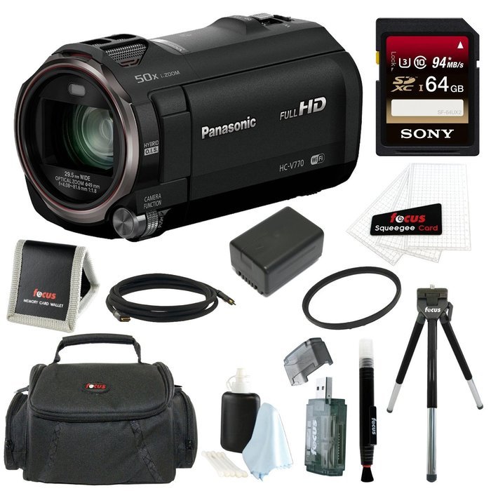Panasonic HC-V770 HD Camcorder, WiFi, w/ Wasabi battery & 64GB U3 Bundle N6