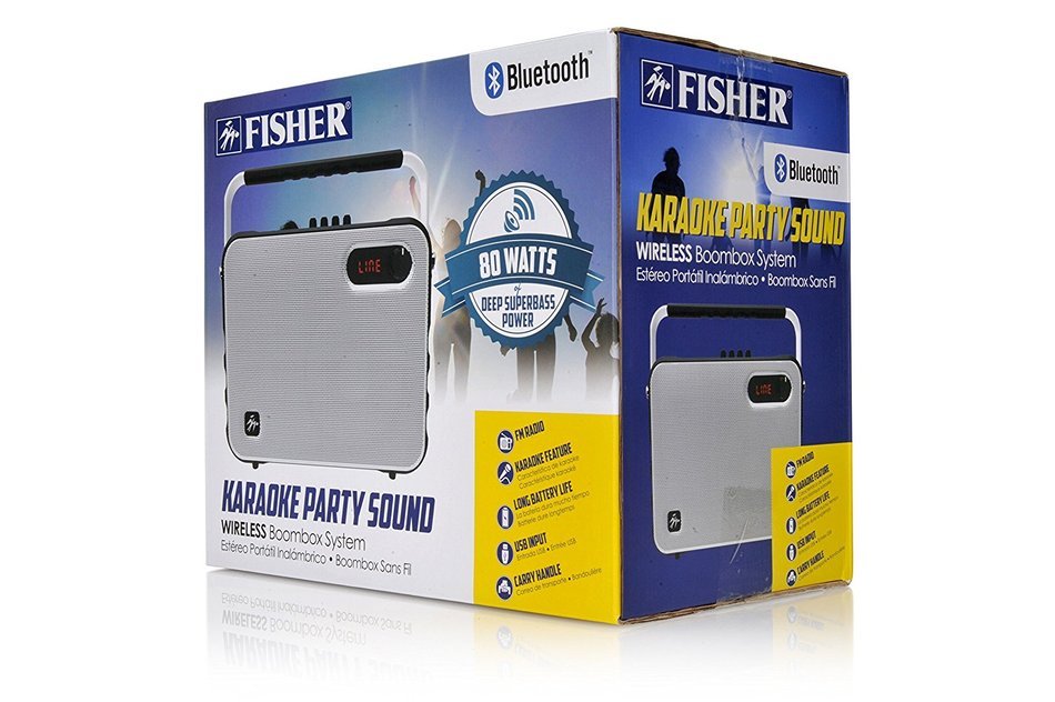 Fisher Wireless Bluetooth Karaoke Boombox System, FM Radio Player, Amplifier, Auxiliary Input, USB Port, and Ultra-Portable... N6