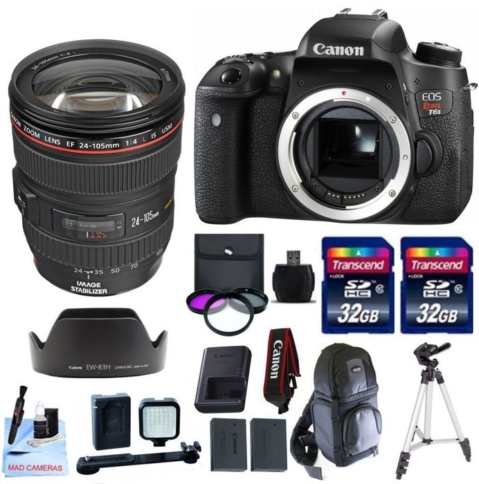 Canon EOS T6s + Canon EF 24-105mm f/4L IS USM Lens + 32GB Transcend SD Memory Cards + LED Video Light + Spare...