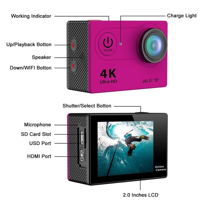Action Camera, D158 4K Sport Camera Full HD 1080P 2.0 Inch Display Wide Angle Wifi Mini Camera N6