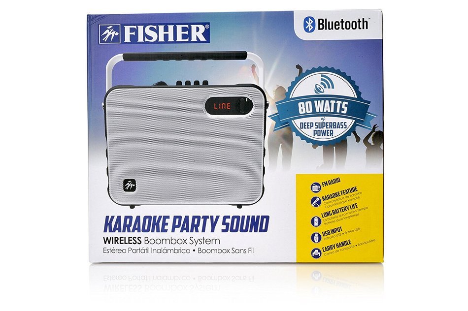 Fisher Wireless Bluetooth Karaoke Boombox System, FM Radio Player, Amplifier, Auxiliary Input, USB Port, and Ultra-Portable... N9