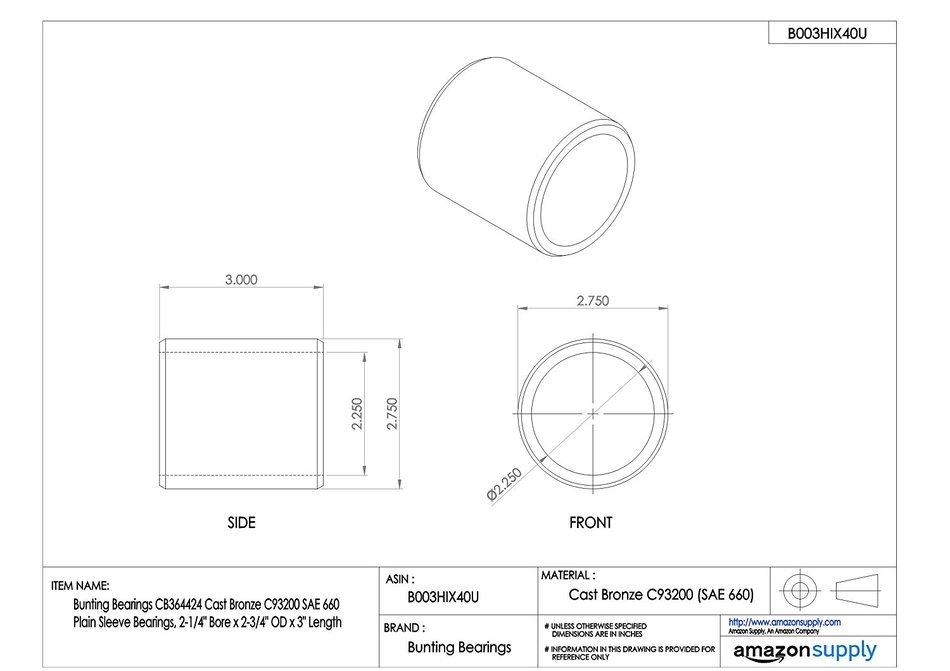 Sleeve Bearing, I.D. 2-1/4, L 3