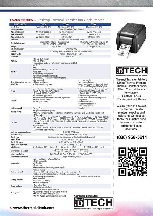 TX200 (200DPI), TX300 (300DPI) and TX600 (600DPI) Series Printer with Ethernet