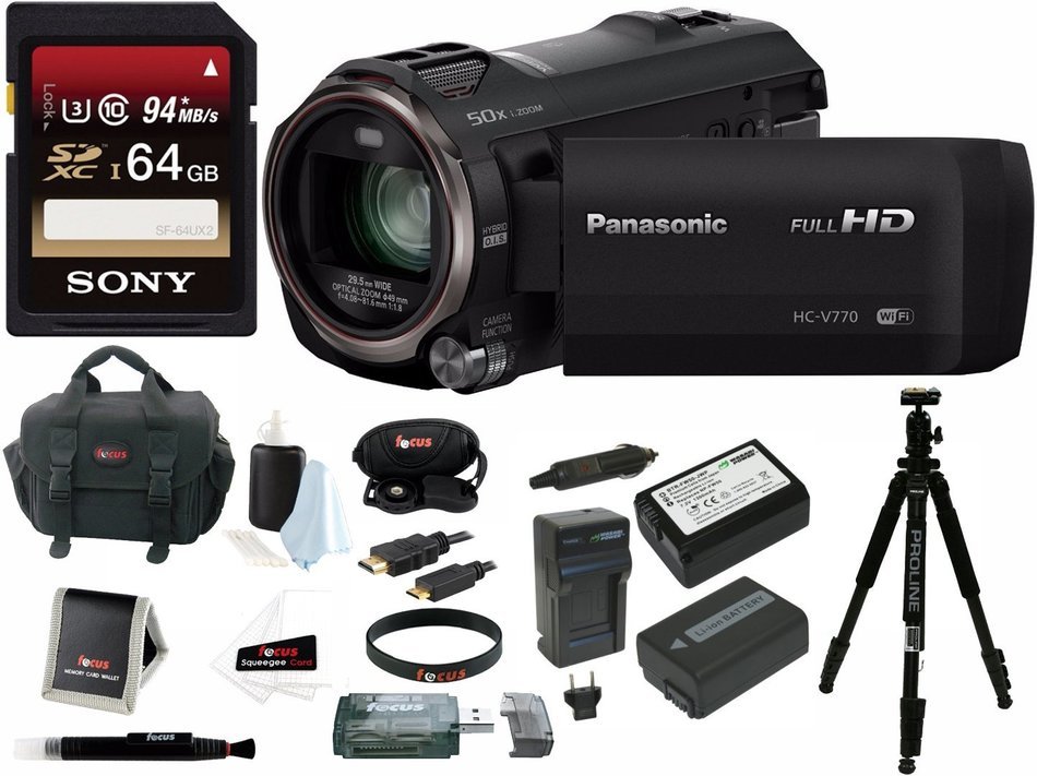 Panasonic HC-V770 HD Camcorder, WiFi, w/ Wasabi battery & 64GB U3 Bundle N8