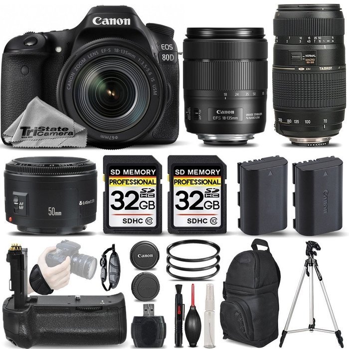 Canon EOS 80D Wi-Fi Full HD 1080P Digital SLR Camera + Canon 18-135mm IS USM Lens + Canon 50mm 1.8 II Lens + Tamron...