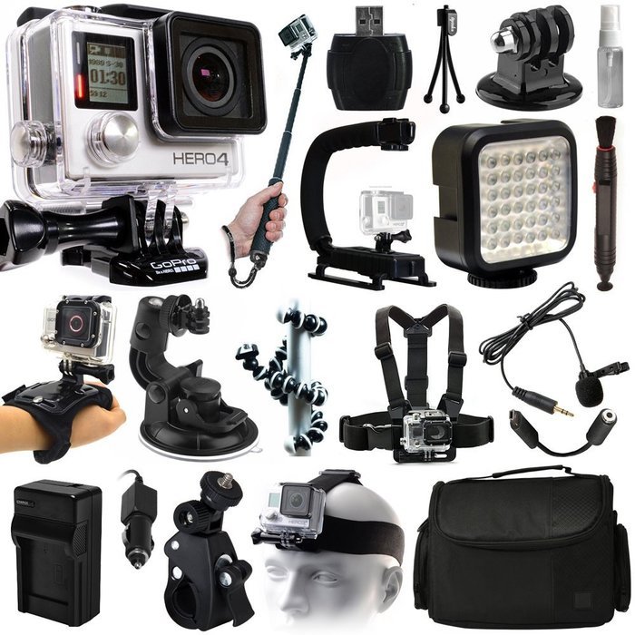 GoPro HERO4 Hero 4 Black Edition Action Camera Camcorder + Selfie Stick + Stabilizer + LED Video Light + Microphone...