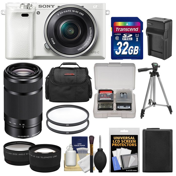 Sony Alpha A6000 Wi-Fi Digital Camera & 16-50mm Lens (White) with 55-210mm Lens + 32GB Card + Case + Battery/Charger...