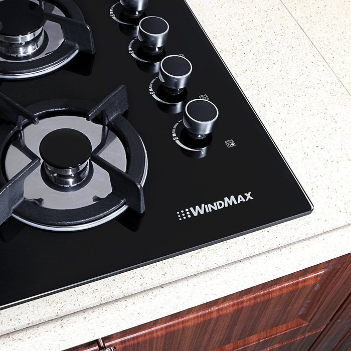 Windmax 24 Inches 3.3KW Kitchen Glass Built-in 4 Burners Gas Hob Cooktop Cook Top N2