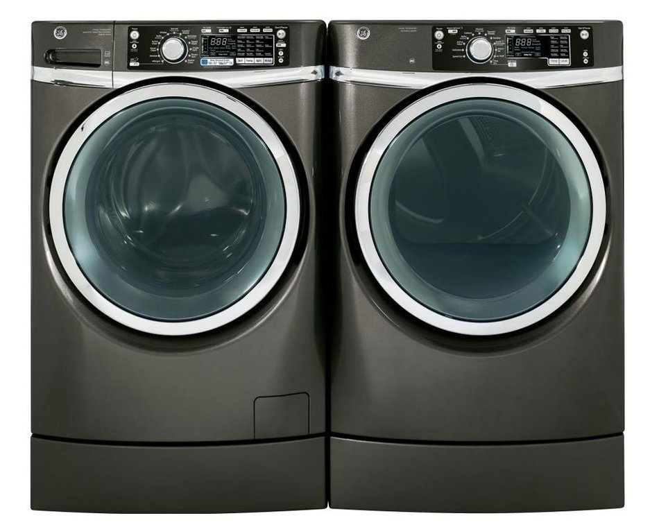 GE Metallic Carbon Front Load Laundry Pair with GFWR4805FMC 28" Washer and GFDR485GFMC 28" Gas Dryer