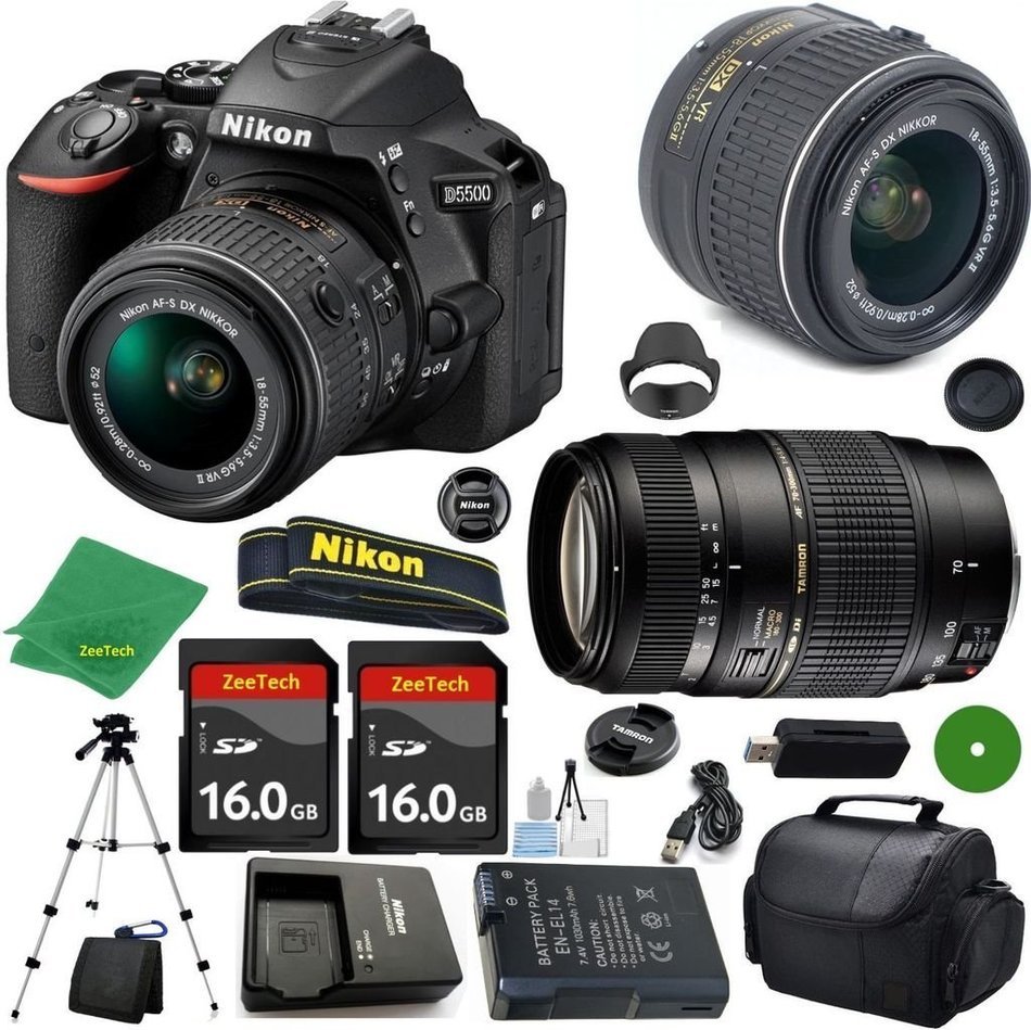 Nikon D5500 International Version - No Warranty, Nikon 18-55mm VR Lens, Tamron 70-300mm DI LD Zoom, 2pcs 16GB...