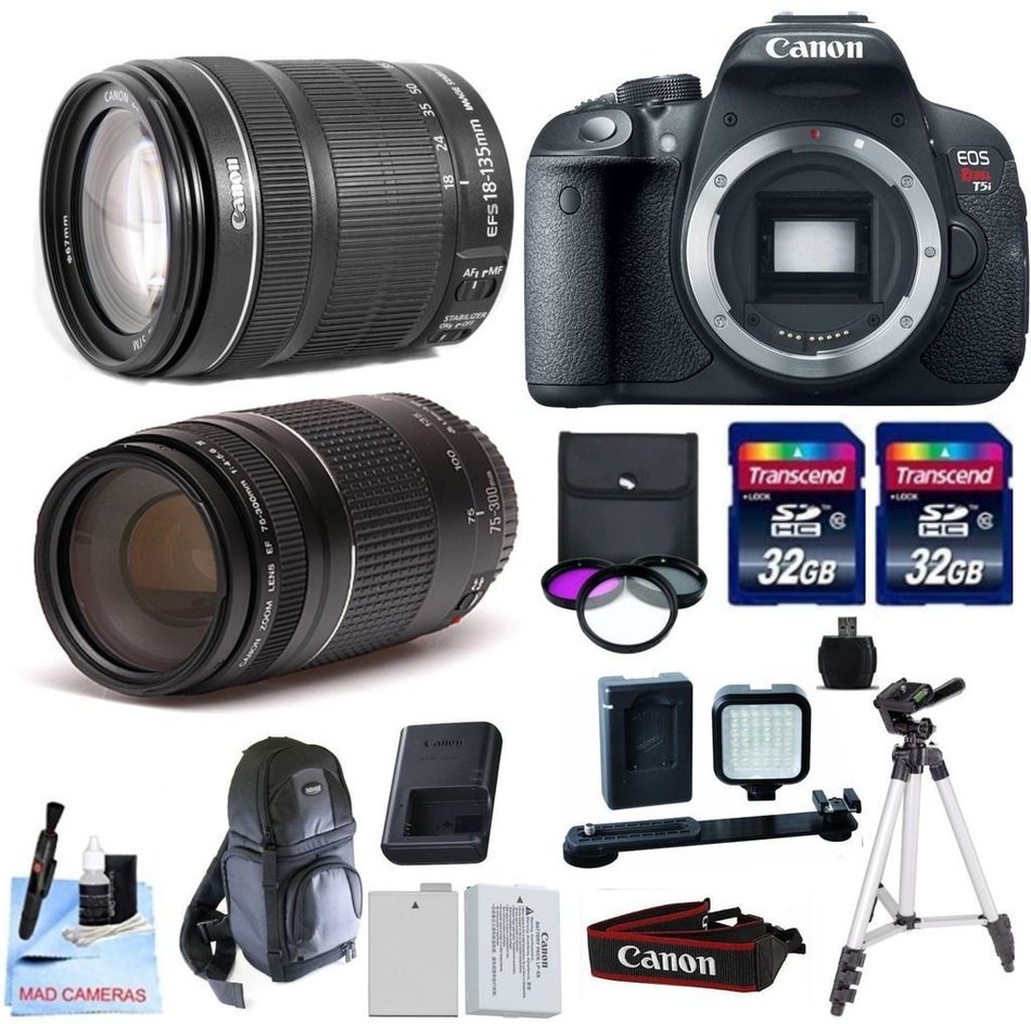 Canon EOS T5i + Canon 75-300mm III + Canon 18-135mm IS STM + 32GB Transcend SD Memory Cards + LED Video Light...