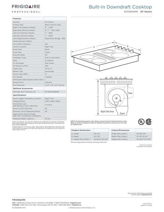 Frigidaire 30" Smoothtop Electric Black Cooktop with Built-In 500 CFM Downdraft Exhaust and Pro-Select&reg; Controls... N4
