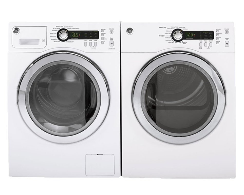 GE White Compact Front Load Laundry Pair with WCVH4800KWW 24" Washer and DCVH480EKWW 24" Electric Dryer in White