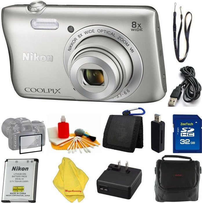 Nikon COOLPIX S3700 Digital Camera with 8x Optical Zoom and Built-In Wi-Fi (Silver)+ Case+32 GB Card+Reader +...