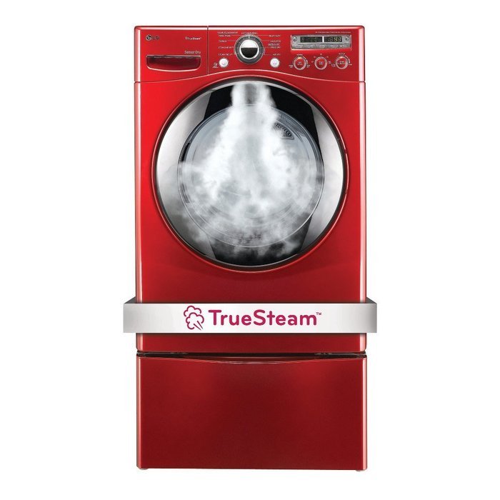 LG "Wild Cherry Red" Steam Laundry Pair with Matching Pedestals and ELECTRIC Dryer (WM2650HRA, DLEX2650R, WDP4R) N4