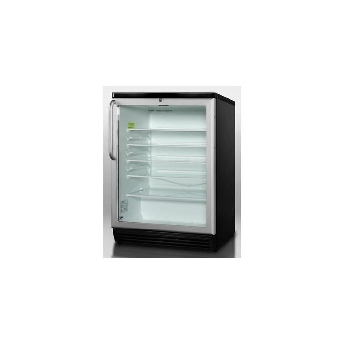 Summit SCR600BLADA: ADA compliant, commercially approved glass door beverage center with black cabinet and