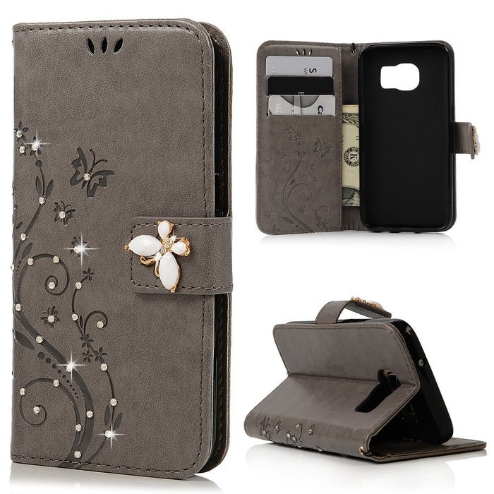 S7 Case,Samsung Galaxy S7 Case - Mavis's Diary 3D Handmade Wallet Bling Crystal Diamonds Butterfly Embossed Flowers... N34