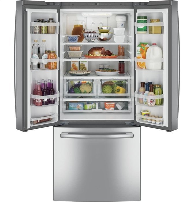 GE GNE21FSKSS 30" French Door Refrigerator with 20.8 cu. ft. Total Capacity, 2 Glass Shelves, 6 cu. ft. Freezer... N4