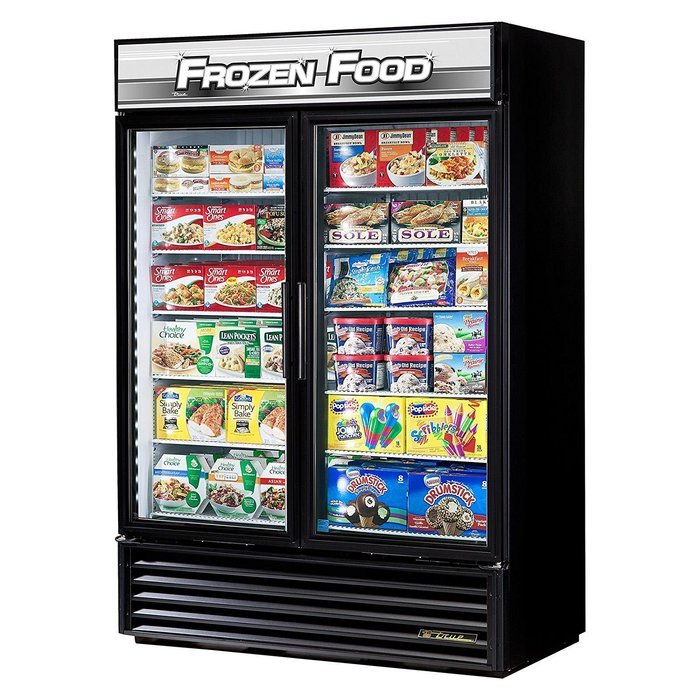 True GDM-49F-LD Series Glass Swing Door Two Section Reach-In Merchandiser Freezer