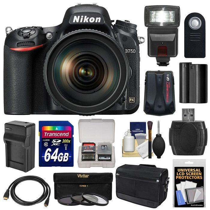 Nikon D750 Digital SLR Camera & 24-120mm f/4 VR Lens with 64GB Card + Battery & Charger + Messenger Bag + GPS...