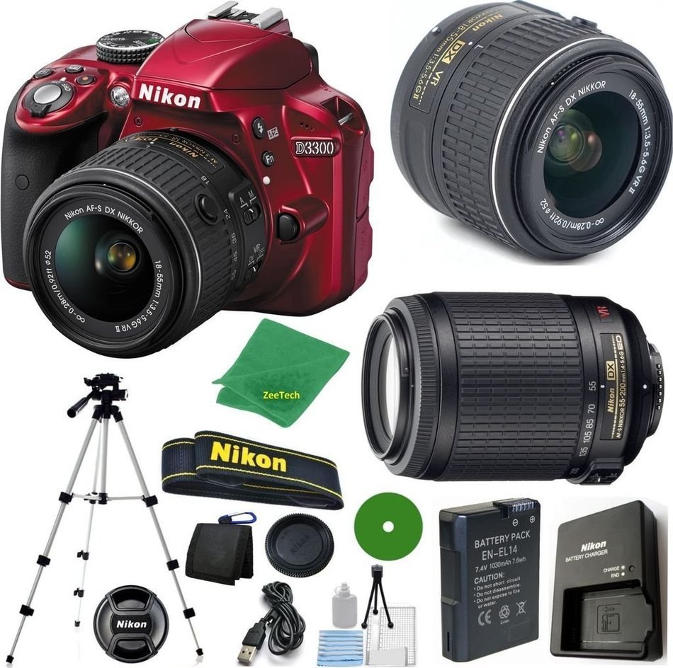 Nikon D3300 Red - International Version (No Warranty), 18-55mm f/3.5-5.6 DX VR, Nikon 55-200mm f4-5.6G VR, Tripod...