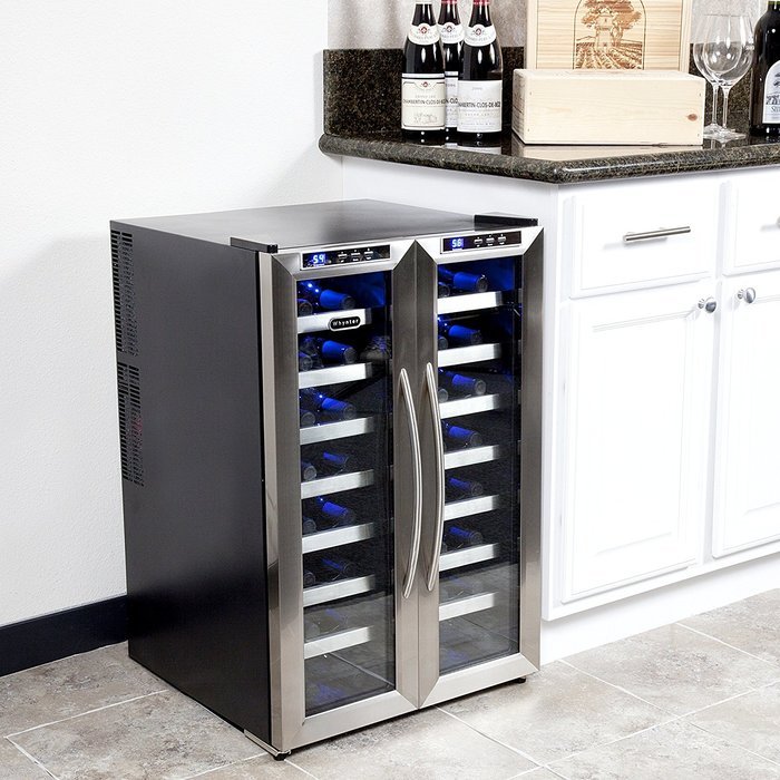 Whynter WC-321DD 32 Bottle Dual Temperature Zone Wine Cooler, Stainless Steel Trimmed Glass Door with Black Cabinet N2