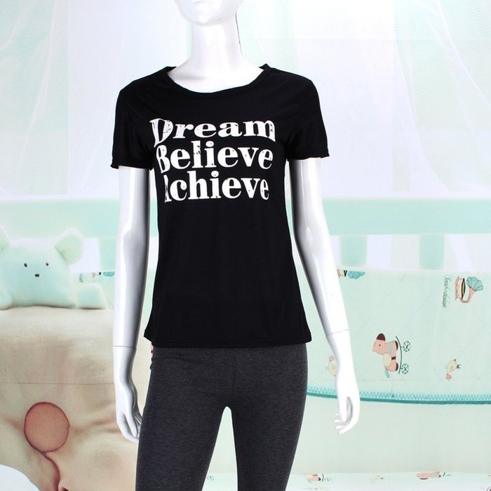 Obula(TM) Women Summer t shirt top casual short-sleeve letter printed top slim o-neck harajuku cotton women black... N3