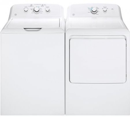 GE White Laundry Pair with GTW330ASKWW 27" Top Load Washer and GTX33GASKWW 27" Front Load Gas Dryer N2