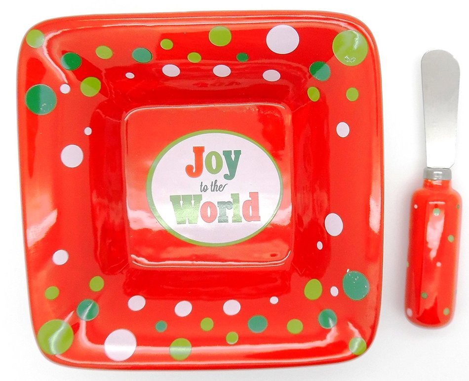 Joy to the World 6" X 6" Ceramic Cheese Ball Dipping Bowl with Stainless Steel Spreader - Red with Dots