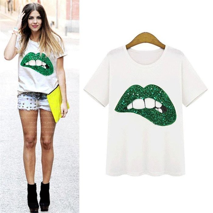 Phoneix Women Plus Size Loose T-Shirt Big Lip Printed N4