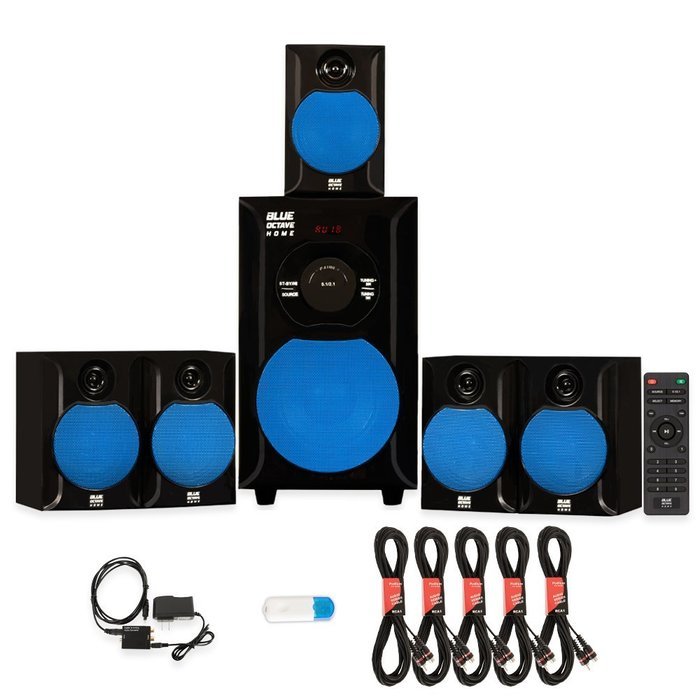 Blue Octave B51 Home Theater 5.1 Speaker System with USB Bluetooth Optical Input and 5 Extension Cables N2