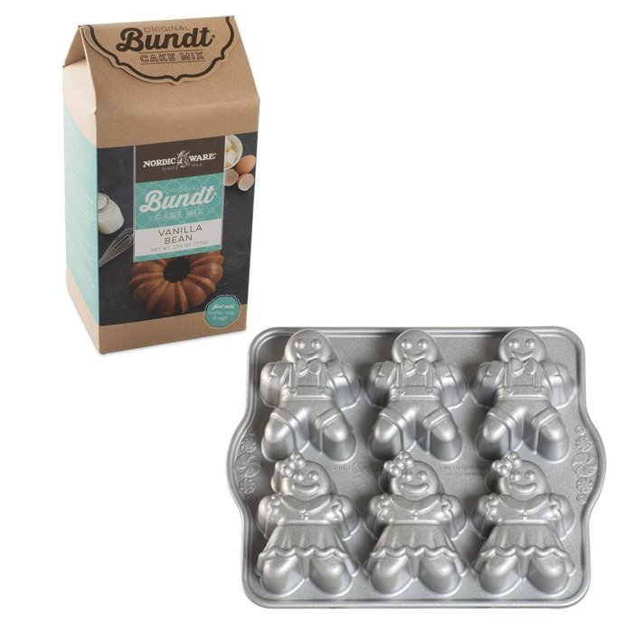 Nordic Ware Gingerbread Kids Cast Aluminum Cakelet Pan with Vanilla Bean Cake Mix