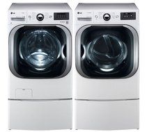 LG White Front Load Mega Capacity Laundry Pair with WM8000HWA 29" Washer, DLEX8000W 29" Electric Dryer and 2 WDP5W...