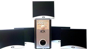 ACOUSTIC SPECIALTIES Dolby Digital 5.1-Channel HOME-THEATER SYSTEM W/ 5 ultra slim wall mountable FLAT-PANEL SPEAKERS... N9