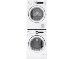 GE White Compact Laundry Pair with WCVH4800KWW 24" Washer, DCVH480EKWW 24" Electric Dryer and GE24STACK Stacking...