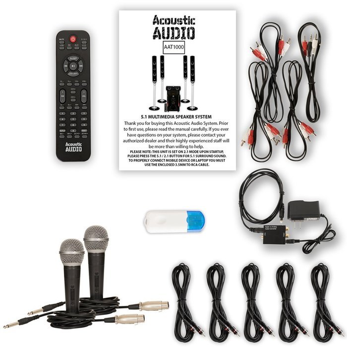 Acoustic Audio AAT1000 Tower 5.1 Speakers with USB Bluetooth Optical Input 2 Mics and 5 Extension Cables N2