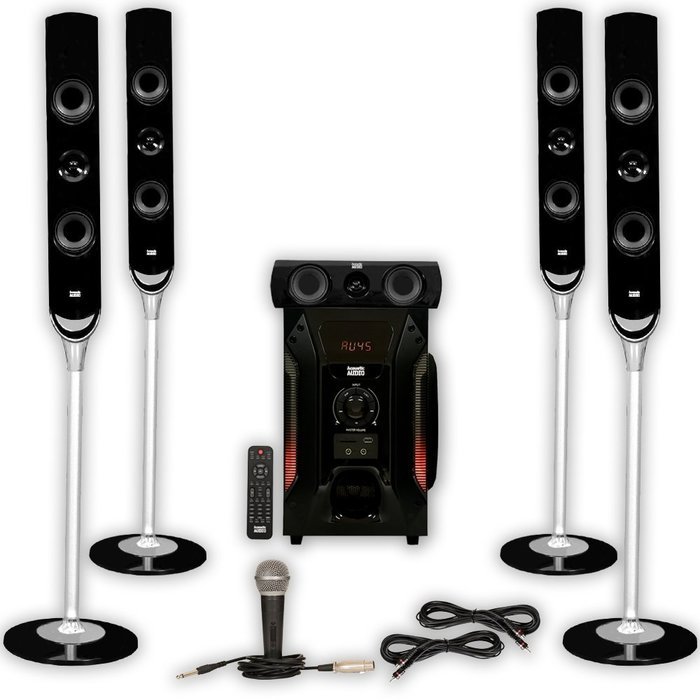 Acoustic Audio AAT1000 Tower 5.1 Speaker System with Mic Powered Sub and 2 Extension Cables