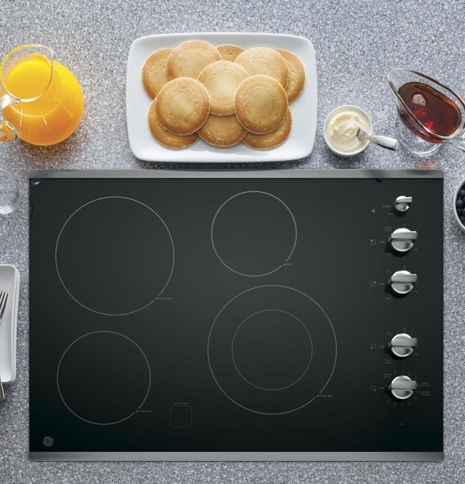 GE JP3530SJSS Built-In Knob Control Electric Cooktop, Black Ceramic Top with Stainless Steel Trim N3