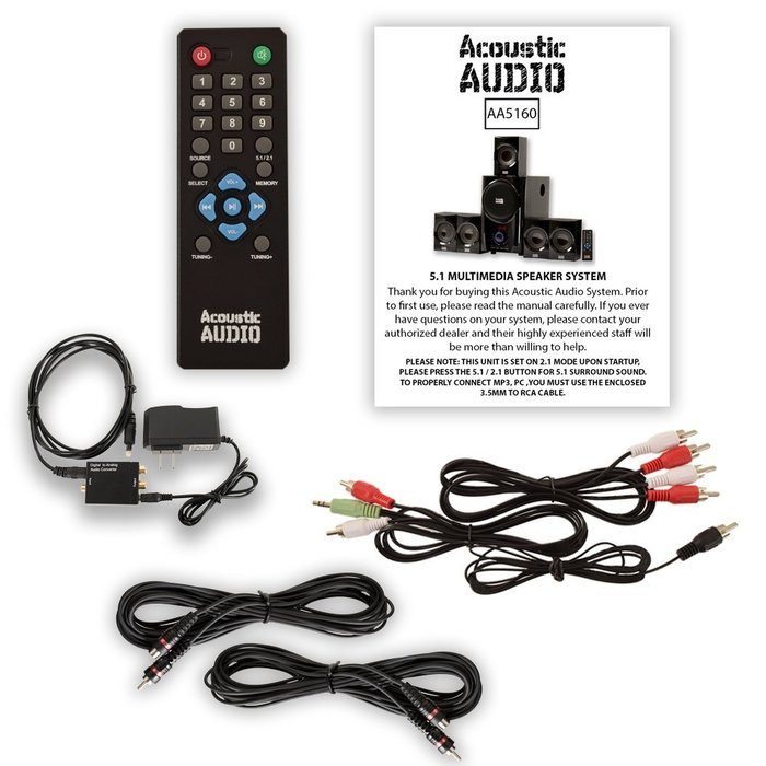Acoustic Audio AA5160 Home 5.1 Speaker System with Optical Input FM Tuner and 2 Extension Cables N2