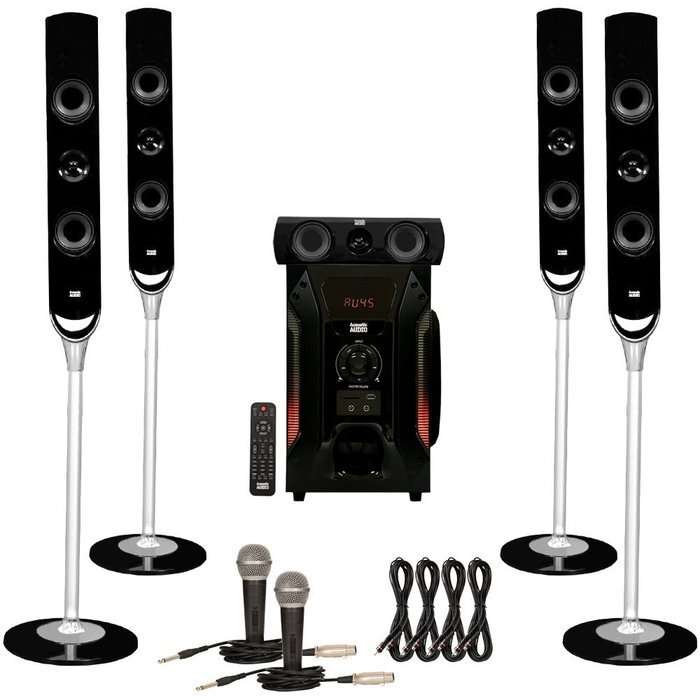 Acoustic Audio AAT1000 Tower 5.1 Speaker System with 2 Mics Powered Sub and 4 Extension Cables