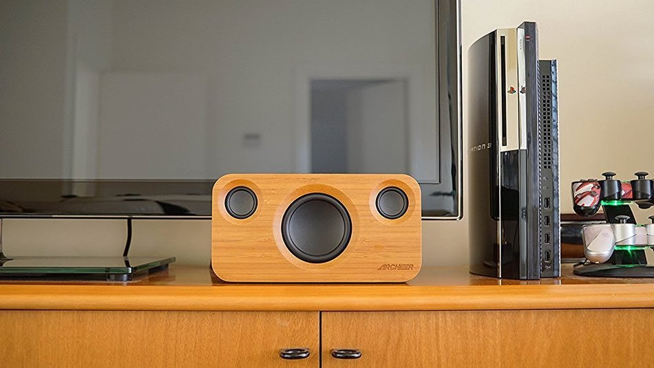 ARCHEER 25W Bluetooth Speakers with Super Bass, Charging Port Upgraded, Bamboo Wood Home Speaker with Subwoofer N4