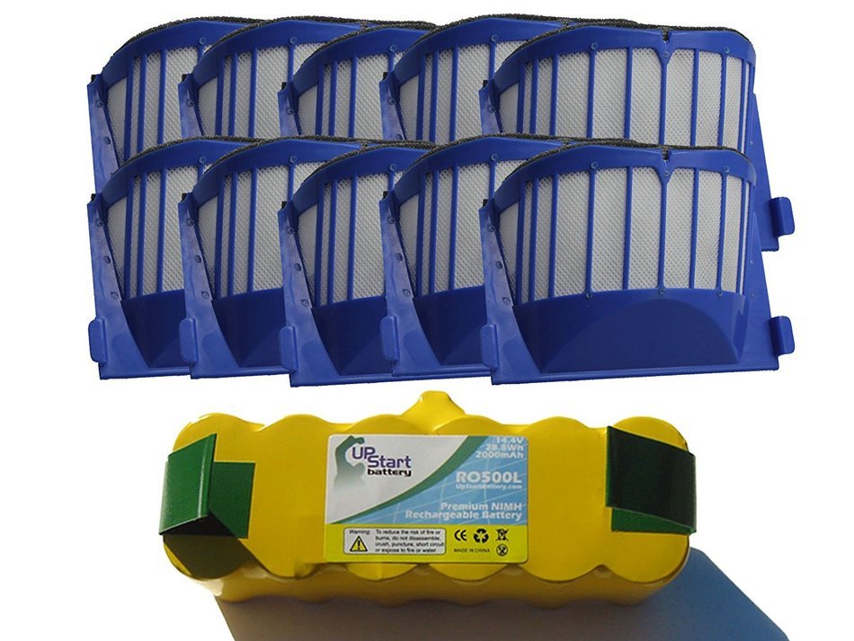 Replacement iRobot Roomba 595 Pet Series Battery and AeroVac Filters - Kit Includes 1 Battery and 10 AeroVac Filters