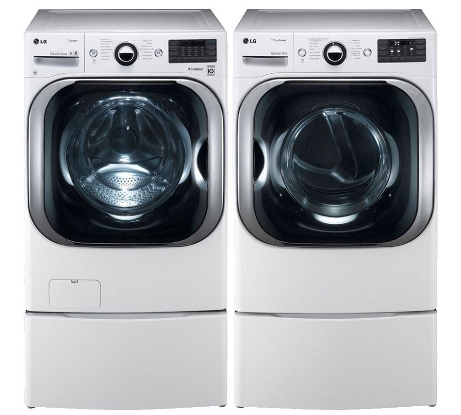 LG White Front Load Mega Capacity Laundry Pair with WM8000HWA 29" Washer, DLEX8000W 29" Electric Dryer and 2 WDP5W...